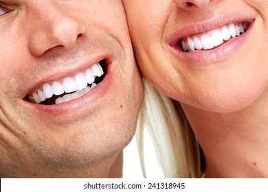 Beautiful Woman And Man Smile. Dental Health Background.