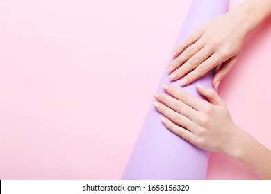 Beautiful woman manicure on creative trendy pastel background. Minimalist manicure trend. Top view, flat lay. Copy space for your text. - Shutterstock ID 1658156320