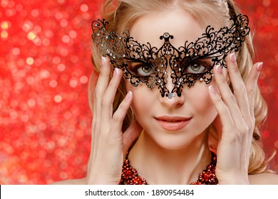 Beautiful Woman At The Masquerade. Beauty In The Mask. Luxurious Lady At The Evening Ball.