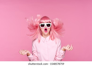 Beautiful Woman Model In The Gallows River On A Pink Background And Sunglasses