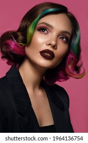 Beautiful woman and multi  colored hair   bright make up   hairstyle 