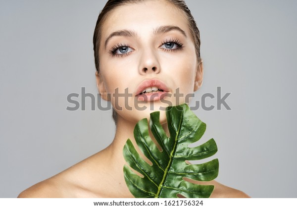 Beautiful Woman Naked Shoulders Palm Leaves Stock Photo Shutterstock