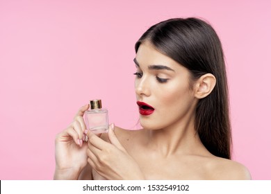 Beautiful Woman Naked Shoulders Red Lips Perfume Fragrance Pink Background