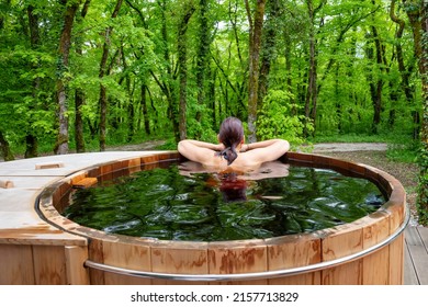 Beautiful Woman In Nordic Bath In Front Of A Forest. 