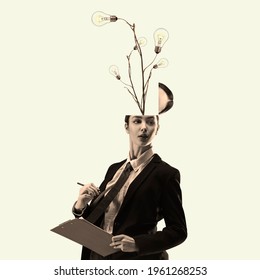 Beautiful woman in office suit with head, full of ideas and flowers, inspired. Copy space for ad, text. Modern design. Conceptual, contemporary bright artcollage. Retro styled, surrealism, fashionable