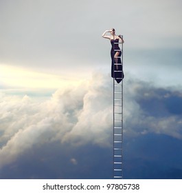Beautiful woman on a ladder above the clouds looking far away