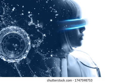 Beautiful Woman Over White Background. Girl In Glasses Of Virtual Reality. Augmented Reality, Game, Future Technology, AI Concept. VR. Blue Neon Light. Double Exposure Portrait.