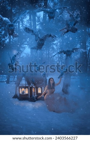 Beautiful woman with owls and little house in winter