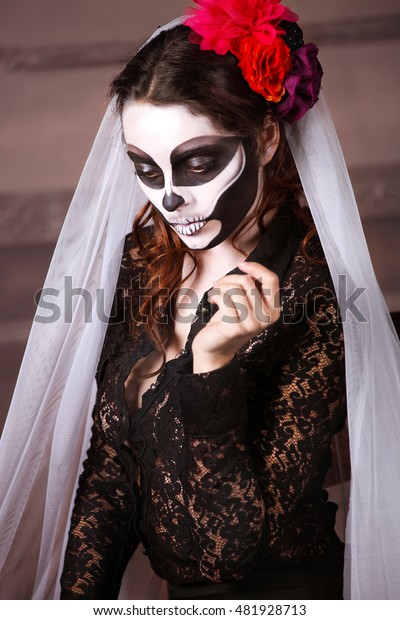 Beautiful Woman Painted Skeleton Halloween Theme Stock Photo (Edit Now