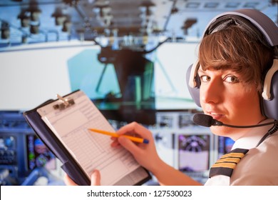 Beautiful woman pilot wearing uniform with epauletes and headset, writting on notepad inside airliner