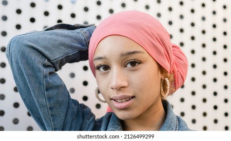 Beautiful Woman With A Pink Cancer Fighter Scarf