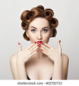 Beautiful Woman Pinup Style Portrait. Perfect Manicure, Makeup And Hair. 