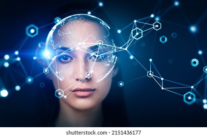 Beautiful woman portrait, abstract network hologram and earth globe with circuit of connection. Metaverse and digital world. Concept of virtual reality