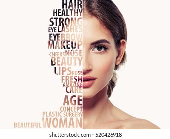 Beautiful woman portrait beauty skincare concept with letters on face - Shutterstock ID 520426918