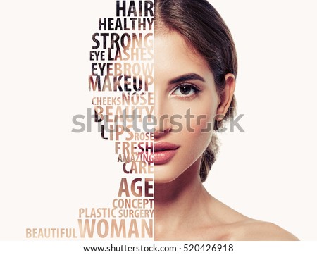 Beautiful woman portrait beauty skincare concept with letters on face