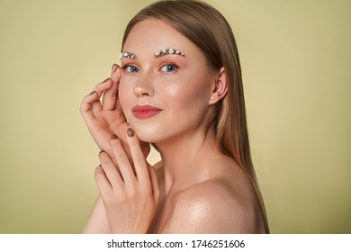 Beautiful Woman Portrait With Fresh Daily Make-up Blonde Hair And Healthy Skin. Flowers Face Brows. Cover Your Brows And Turn Them Into Flowers. Nature. ECO. Save The Earth