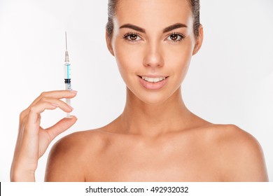 Beautiful Woman Preparing For Botox Injection Isolated On White Background