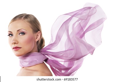 Beautiful woman in purple color scarf on white