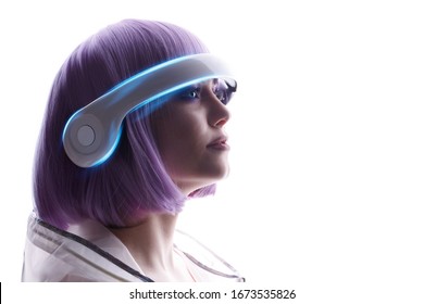 Beautiful Woman With Purple Hair In Futuristic Costume Over White Background. Girl In Glasses Of Virtual Reality. Augmented Reality, Game, Future Technology, AI Concept. VR. Blue Neon Light.