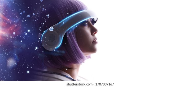Beautiful woman with purple hair in futuristic costume over white background. Girl in glasses of virtual reality. Augmented reality, game, future technology, AI concept. VR. Blue, violet neon light.