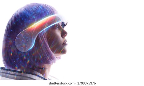 Beautiful Woman With Purple Hair In Futuristic Costume Over White Background. Girl In Glasses Of Virtual Reality. Augmented Reality, Game, Future Technology, AI Concept. VR. Blue, Violet Neon Light.