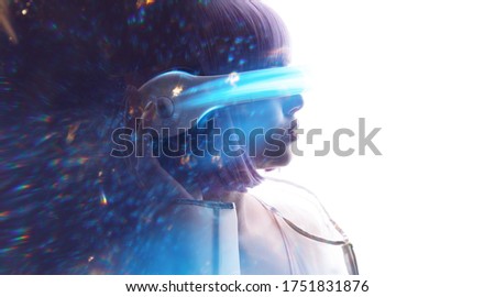 Beautiful woman with purple hair over white background. Girl in glasses of virtual reality. Augmented reality, game, future technology, AI concept. VR. Blue neon light. Double exposure portrait.
