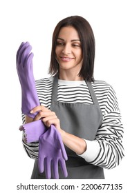 Beautiful Woman Putting Rubber Glove On White Background