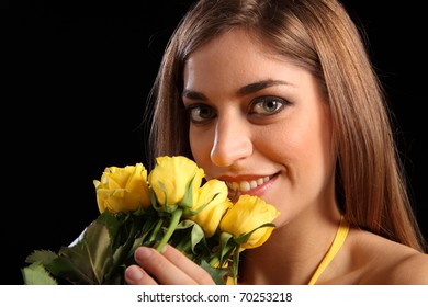 Beautiful Woman Receiving Yellow Rose Flowers