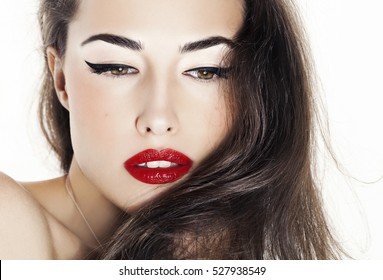 Beautiful Woman With Red Lips And Black Eyeliner, Closeup Portrait