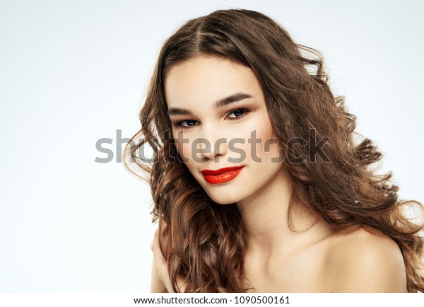 Beautiful Woman Red Lips Dark Wavy Stock Photo Edit Now 1090500161
