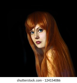 Beautiful woman with red long hair on the dark background. - Shutterstock ID 124154086