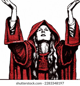 a beautiful woman in a red velvet hooded robe, kneeling, face tilted upwards, arms outstretched, the palms of her hands upwards, rendered as a detailed woodcut using red and white ink, all of her within the frame of the picture.