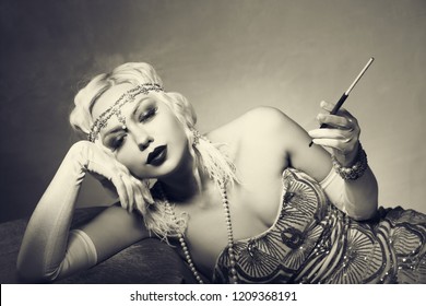 beautiful woman retro flapper style woman monochrome sepia, roaring 20s
