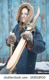 Beautiful Woman With Retro Ski Over Vintage Wooden Wall Happy Smiling