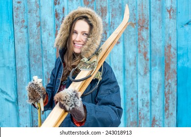 Beautiful Woman With Retro Ski Over Vintage Wooden Wall Happy Smiling