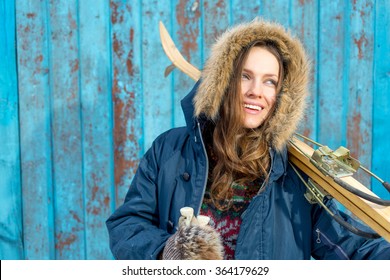 Beautiful Woman With Retro Ski Over Vintage Wooden Wall Happy Smiling