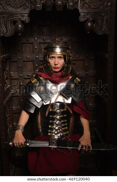 Beautiful Woman Roman Helmet Armour Sitting Stock Photo 469120040 ...