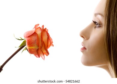 Beautiful Woman With Rose Sideview Isolated