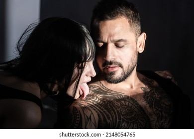 Beautiful Woman And Sexy Man Boyfriend. Tender Pleasant Moment Of Love. Woman Lick Man With Tongue.