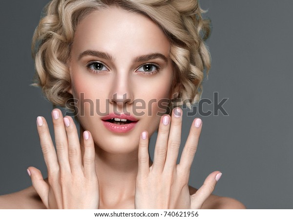 Beautiful Woman Short Blonde Hair Hands Stock Photo Edit Now