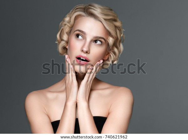 Beautiful Woman Short Blonde Hair Hands Stock Photo Edit Now