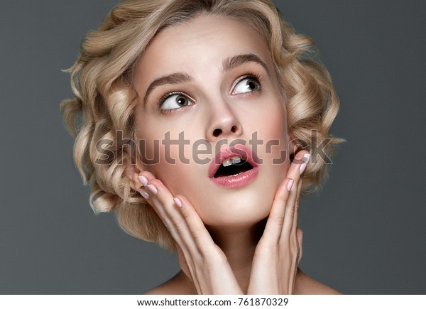 Beautiful Woman Short Blonde Hair Hands Beauty Fashion Stock Image