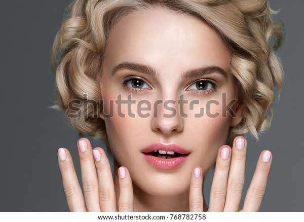 Beautiful Woman Short Blonde Hair Hands Stock Photo Edit Now