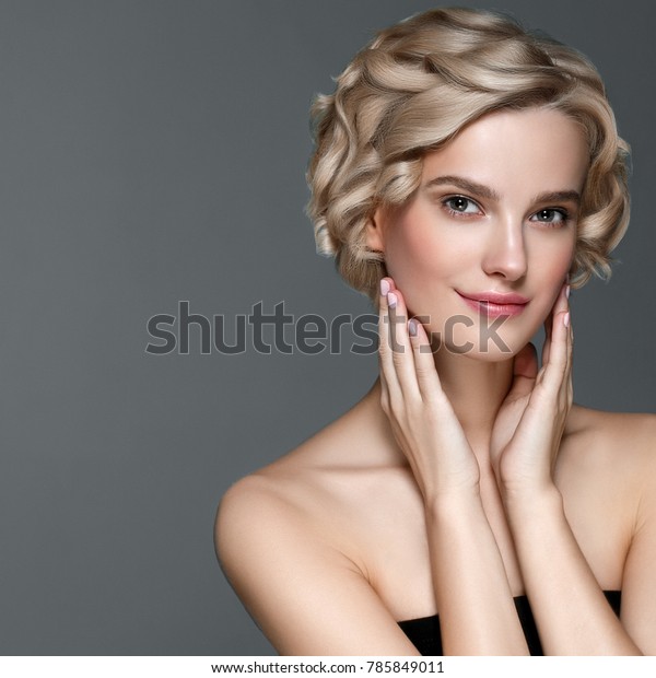 Beautiful Woman Short Blonde Hair Hands Stock Photo Edit Now