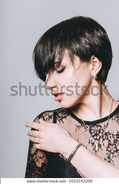 Beautiful Woman Short Hair Girl Red Stock Photo Edit Now 1052592200