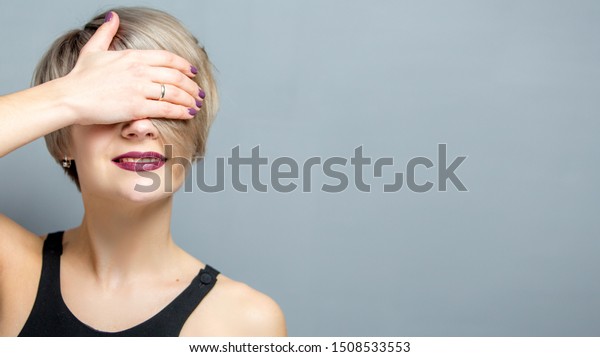 Beautiful Woman Short Hair Hiding Eyes Stock Photo Edit Now