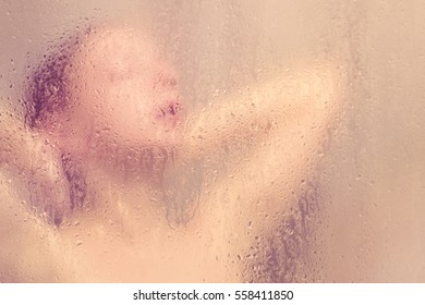 Beautiful Woman Shower Behind Glass Drops Stock Photo Edit Now