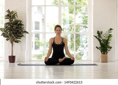 Beautiful Woman Sitting In Lotus Pose, Doing Padmasana Exercise, Practicing Yoga, Attractive Sporty Girl Wearing Black Sportswear Working Out At Home Or In Yoga Studio With Big Window And Plants