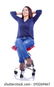 Beautiful Woman Sitting On A Chair, Isolated On White Background