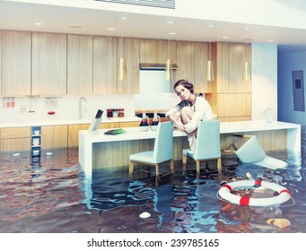 beautiful woman sitting on a chair in flooded kitchen interior. Photo combination concept